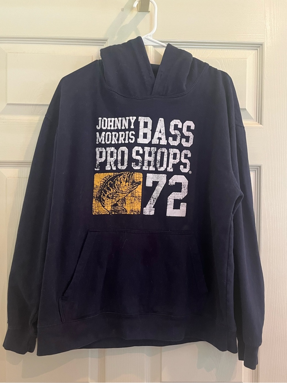 BASS PRO SHOPS Navy Hooded Sweatshirt with White and Yellow Graphic